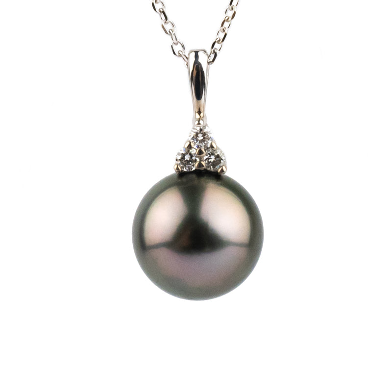 Dark Pink Green Tahitian Pearl & Diamond Toru Necklace on 14K White Gold