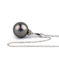 Dark Pink Green Tahitian Pearl & Diamond Toru Necklace on 14K White Gold