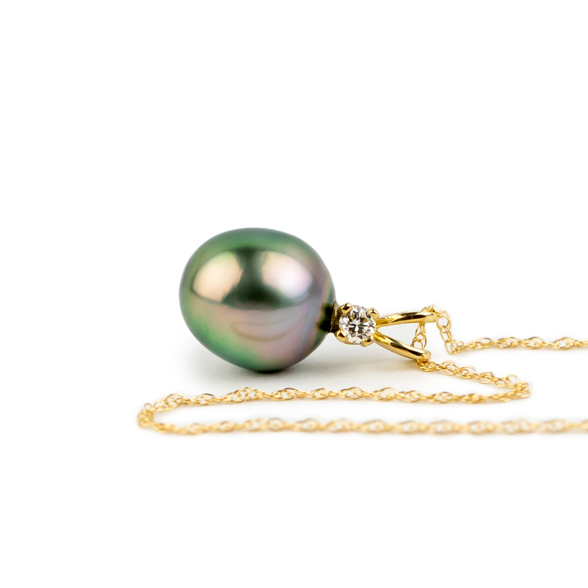 Tahitian Pearl & Diamond Leaf Green Étoile Necklace on 10K Yellow Gold