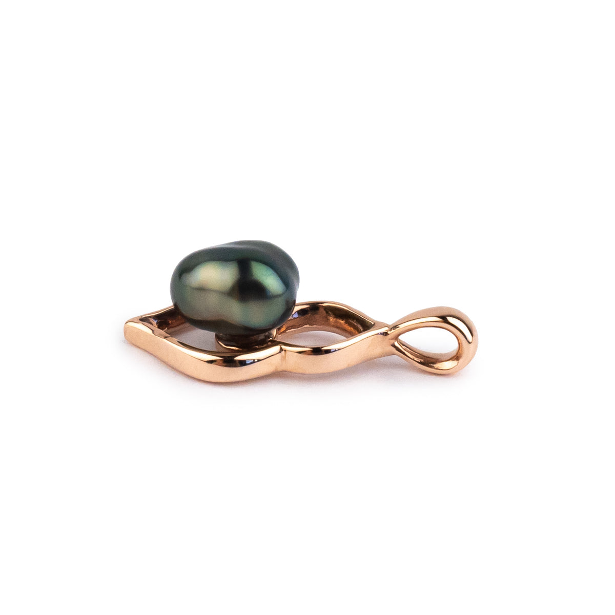 Deep Peacock Green Keshi Pearl Lotus Pendant on 10K Rose Gold