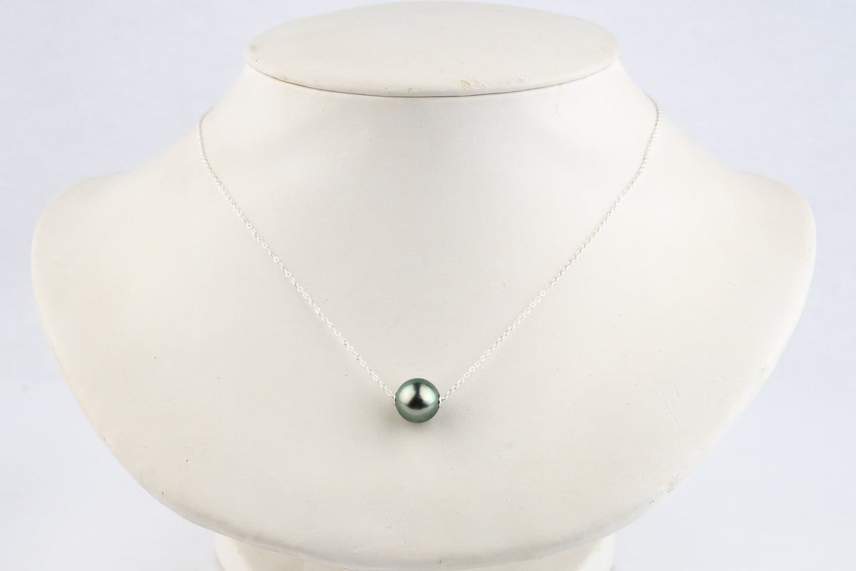 Silvery Blue Green 10mm Tahitian Pearl Solitaire Necklace on Sterling Silver