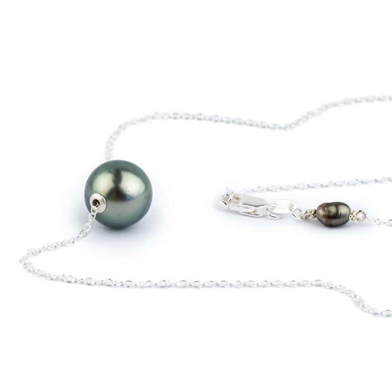Silvery Blue Green 10mm Tahitian Pearl Solitaire Necklace on Sterling Silver
