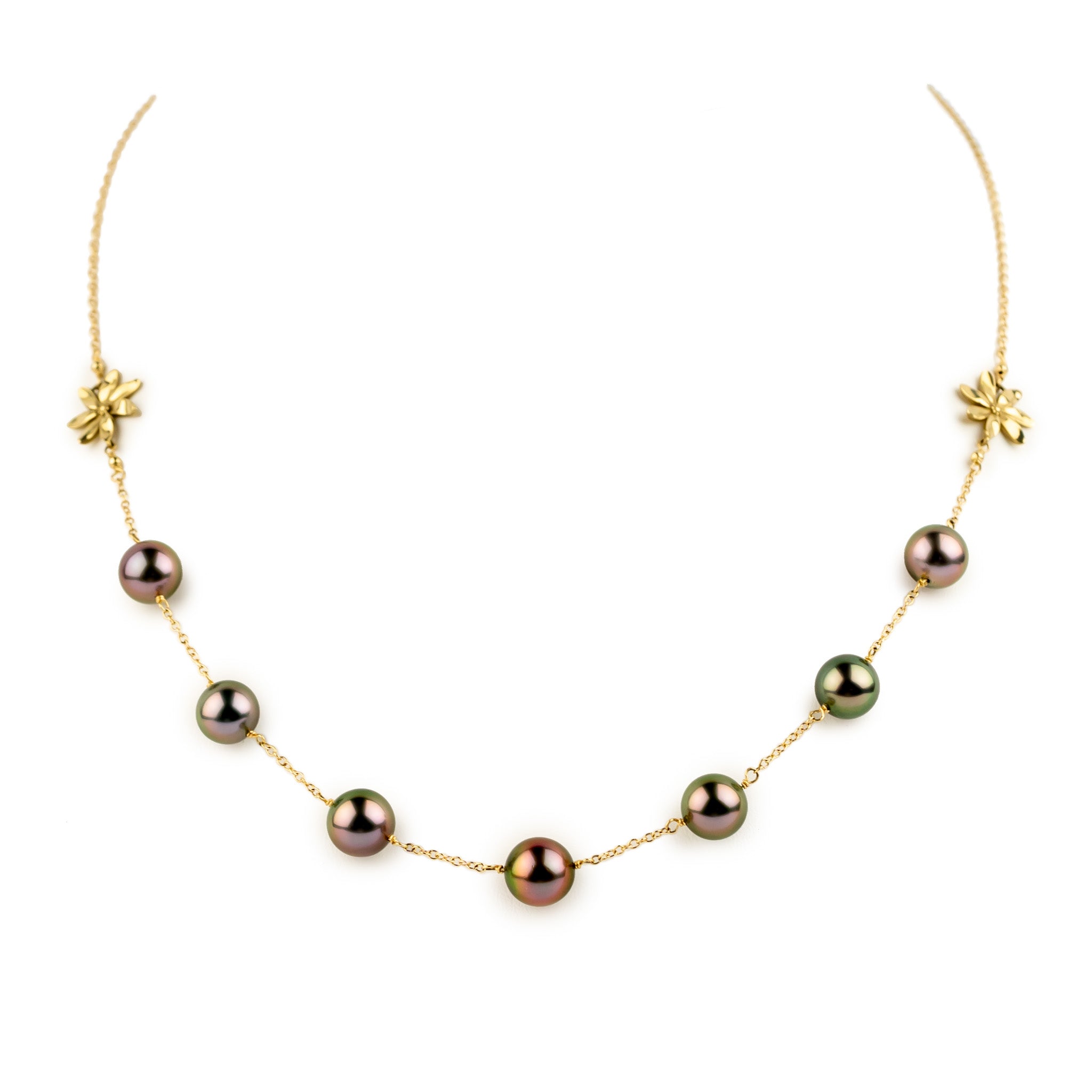 Fuchsia Green Septima Tiaré Tin-Cup Tahitian Pearl Necklace on 14k Yellow Gold