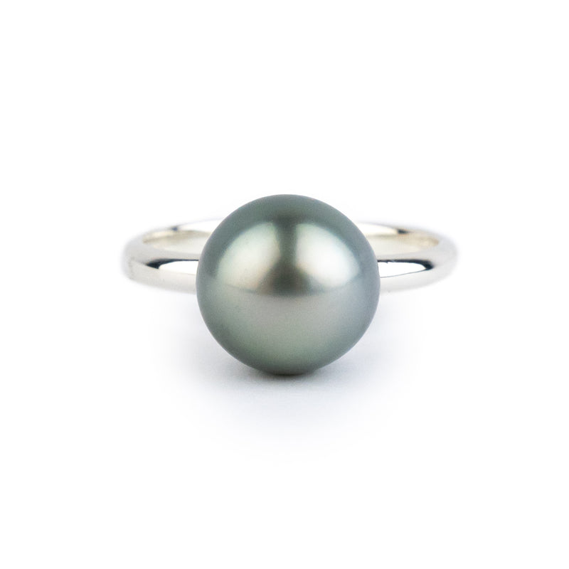 Silvery Blue-Green 10mm Tahitian Pearl Ring on Sterling Silver