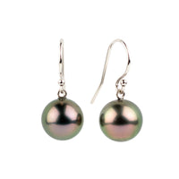 Aubergine Green Tahitian Pearl Dangle Earrings on 14K White Gold