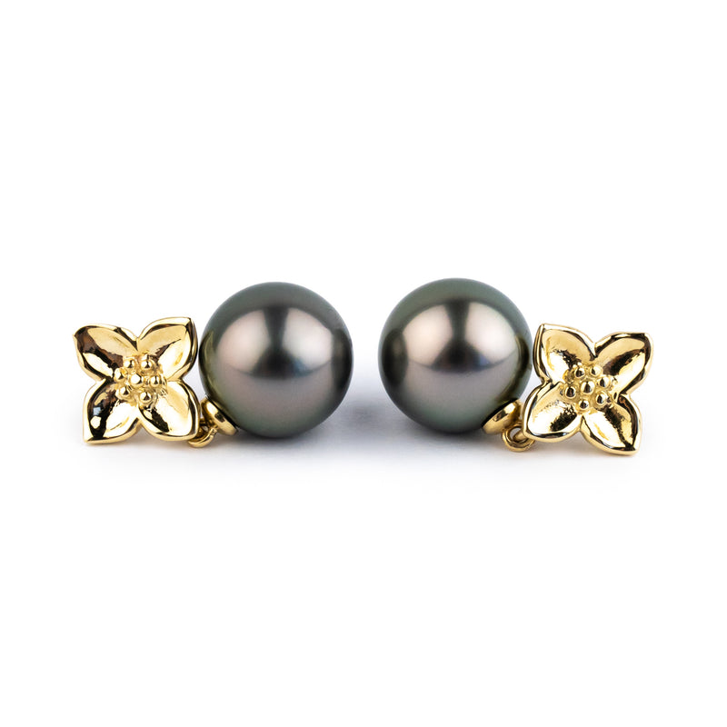 Rosy Pink Peacock 11mm Tahitian Pearl Plumeria Dangle Earrings