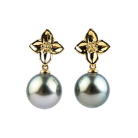 Light Blue-Green 11.3mm Tahitian Pearl Plumeria Dangle Earrings
