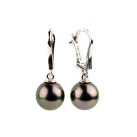 Aubergine Green 9mm Tahitian Pearl Lever Back Earrings on 14K White Gold