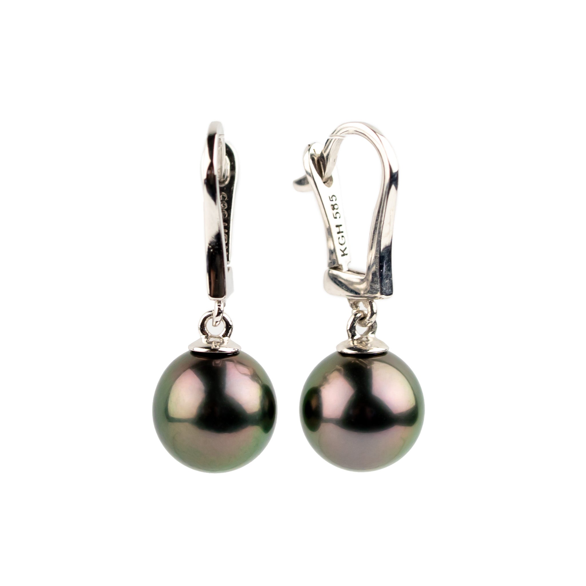 Aubergine Green 9mm Tahitian Pearl Lever Back Earrings on 14K White Gold