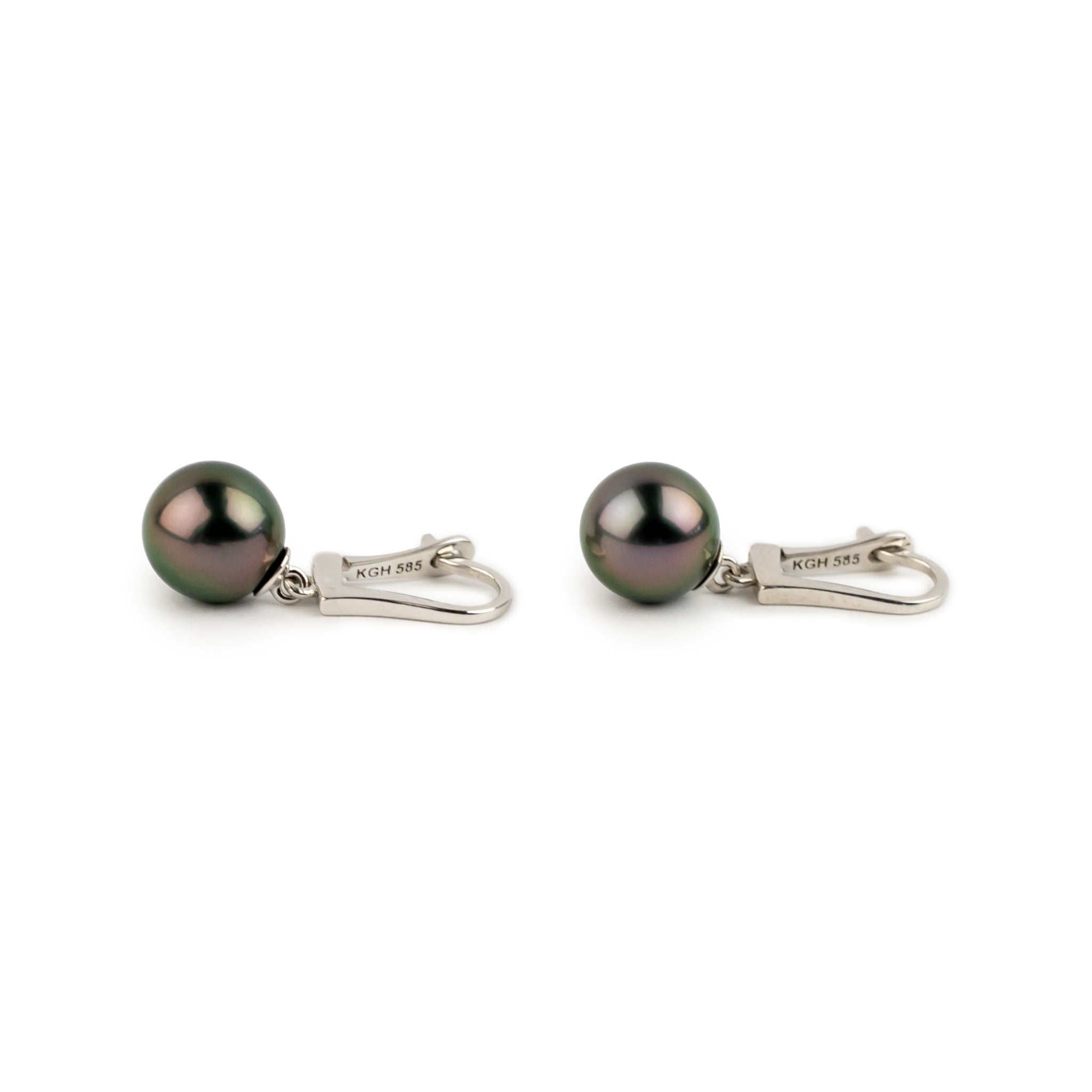 Aubergine Green 9mm Tahitian Pearl Lever Back Earrings on 14K White Gold