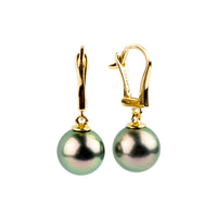 Vibrant Pink Green 9.3mm Tahitian Pearl Lever Back Earrings on 14K Yellow Gold