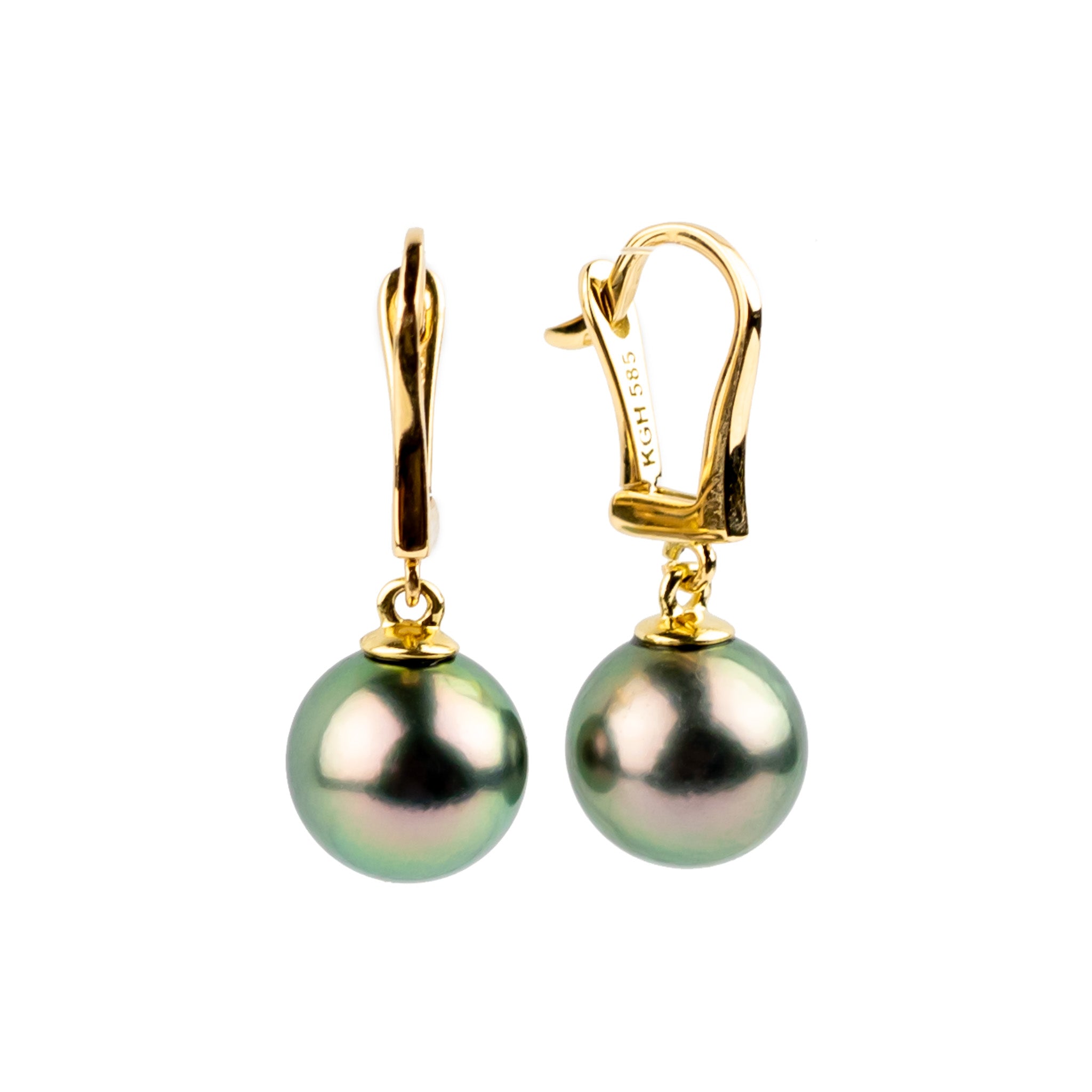Vibrant Pink Green 9.3mm Tahitian Pearl Lever Back Earrings on 14K Yellow Gold