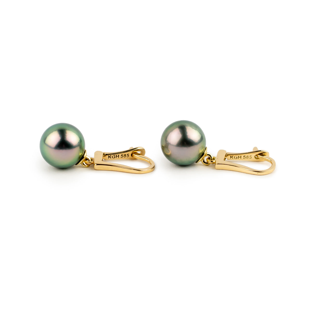 Vibrant Pink Green 9.3mm Tahitian Pearl Lever Back Earrings on 14K Yellow Gold