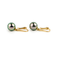 Vibrant Pink Green 9.3mm Tahitian Pearl Lever Back Earrings on 14K Yellow Gold