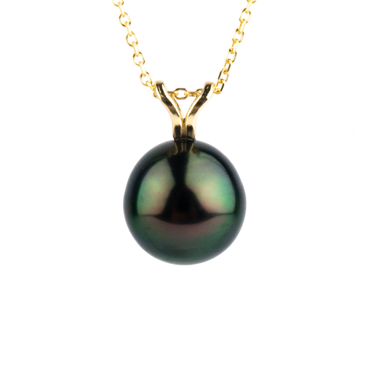 Dark Peacock 9.3mm Tahitian Pearl I'a Necklace on 14K Yellow Gold