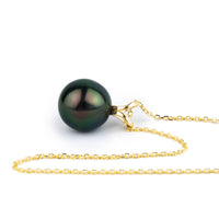 Dark Peacock 9.3mm Tahitian Pearl I'a Necklace on 14K Yellow Gold