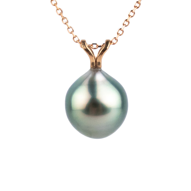 Light Pink Green 9.6mm Tahitian Pearl I'a Necklace on 14K Rose Gold