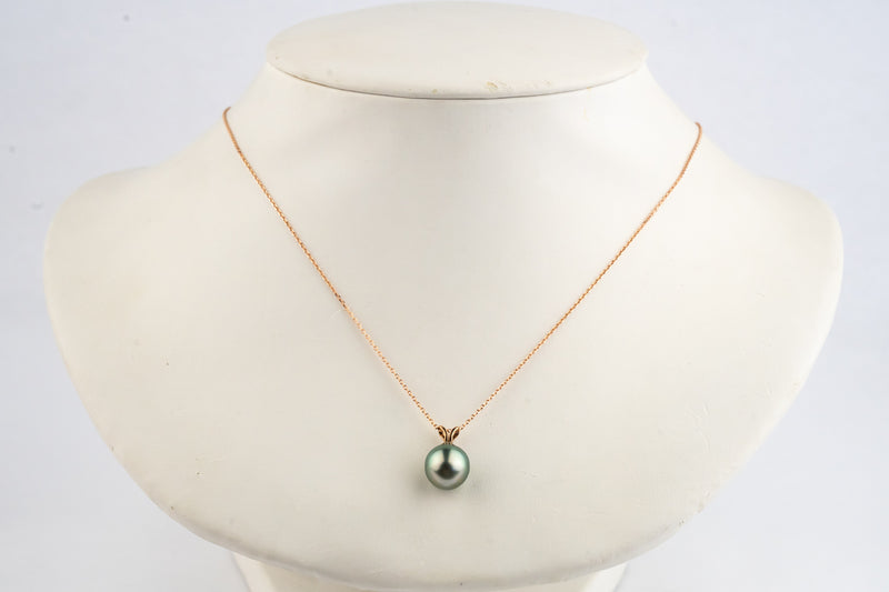 Light Pink Green 9.6mm Tahitian Pearl I'a Necklace on 14K Rose Gold