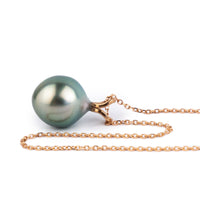 Light Pink Green 9.6mm Tahitian Pearl I'a Necklace on 14K Rose Gold