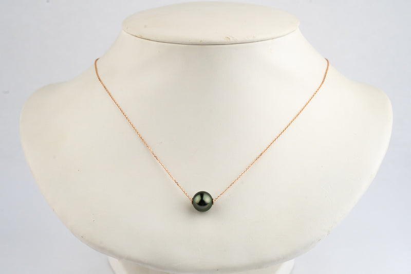 Aubergine Green 9.5mm Tahitian Pearl Solitaire Necklace on 14K Rose Gold