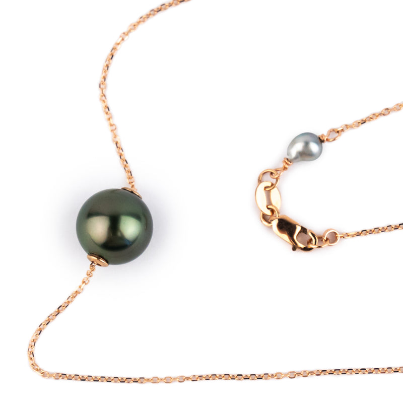 Aubergine Green 9.5mm Tahitian Pearl Solitaire Necklace on 14K Rose Gold