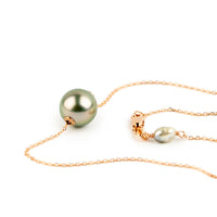 Pale Pink Green 9.3mm Tahitian Pearl Solitaire Necklace on 14K Rose Gold