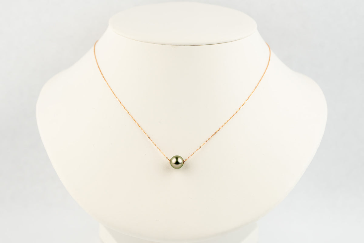 Pale Pink Green 9.3mm Tahitian Pearl Solitaire Necklace on 14K Rose Gold