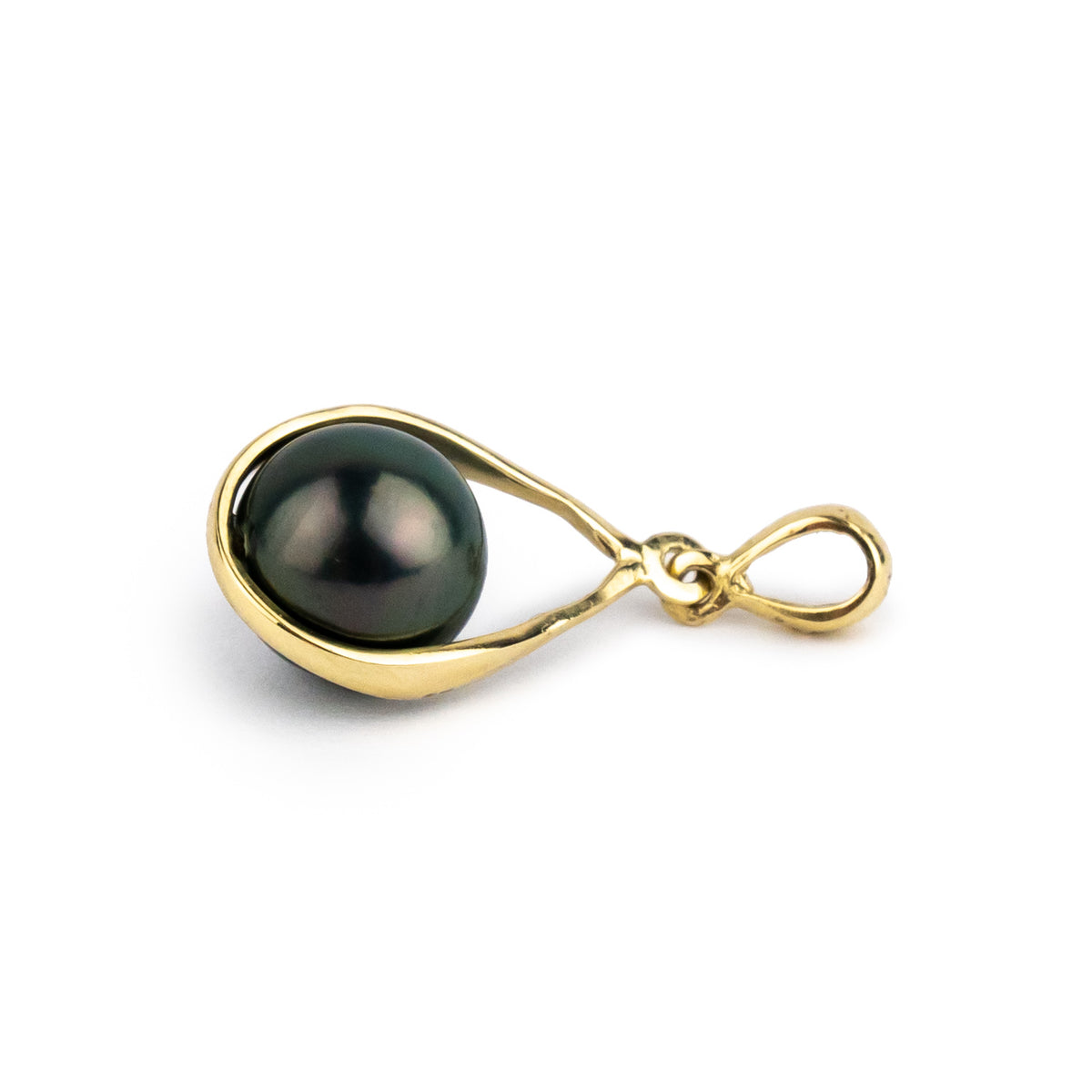 Dark Green Tahitian Pearl Teardrop Pendant on 14K Yellow Gold