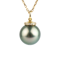 Silvery Seafoam Green Tahitian Pearl & Diamond Halo Necklace