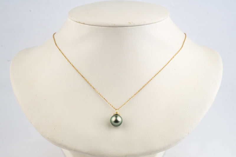 Silvery Seafoam Green Tahitian Pearl & Diamond Halo Necklace