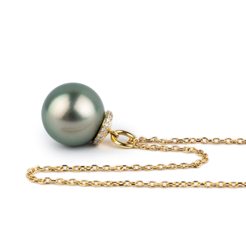 Silvery Seafoam Green Tahitian Pearl & Diamond Halo Necklace