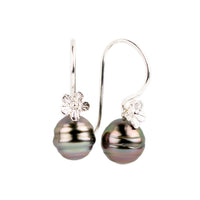 Pink Circled Circled Tahitian Pearl Hibiscus Hook Earrings