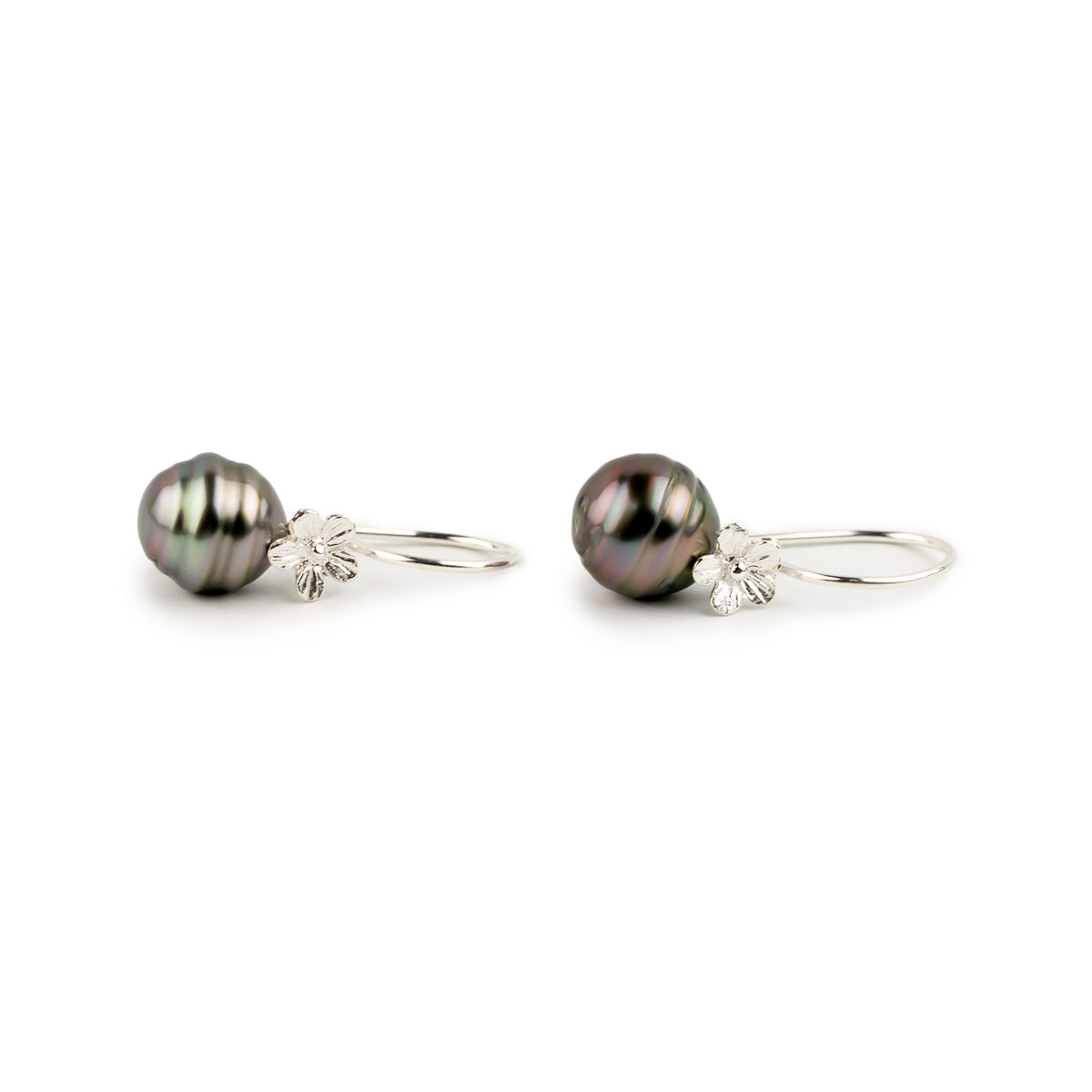 Pink Circled Circled Tahitian Pearl Hibiscus Hook Earrings