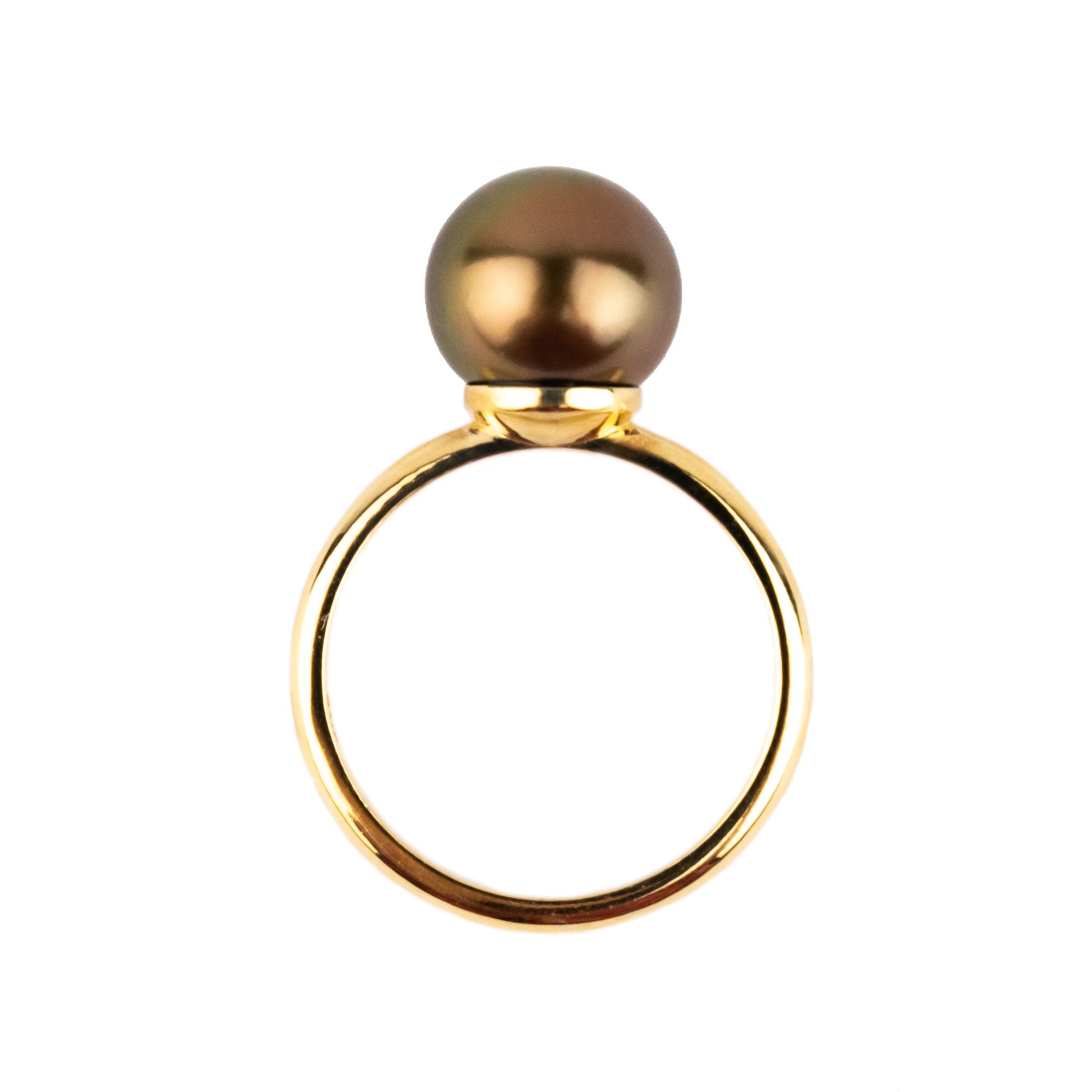 Coppery Green 10mm Tahitian Pearl Ring on 14k Yellow Gold