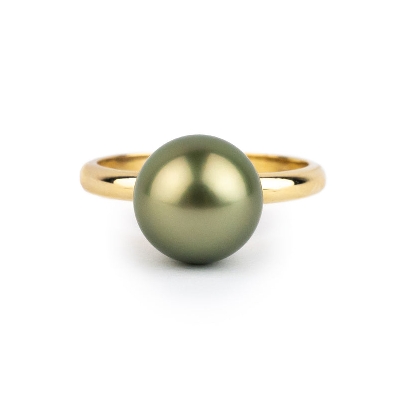 Pistachio Green 10.1mm Tahitian Pearl Ring on 14k Yellow Gold