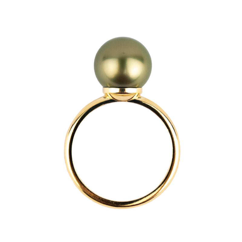 Pistachio Green 10.1mm Tahitian Pearl Ring on 14k Yellow Gold