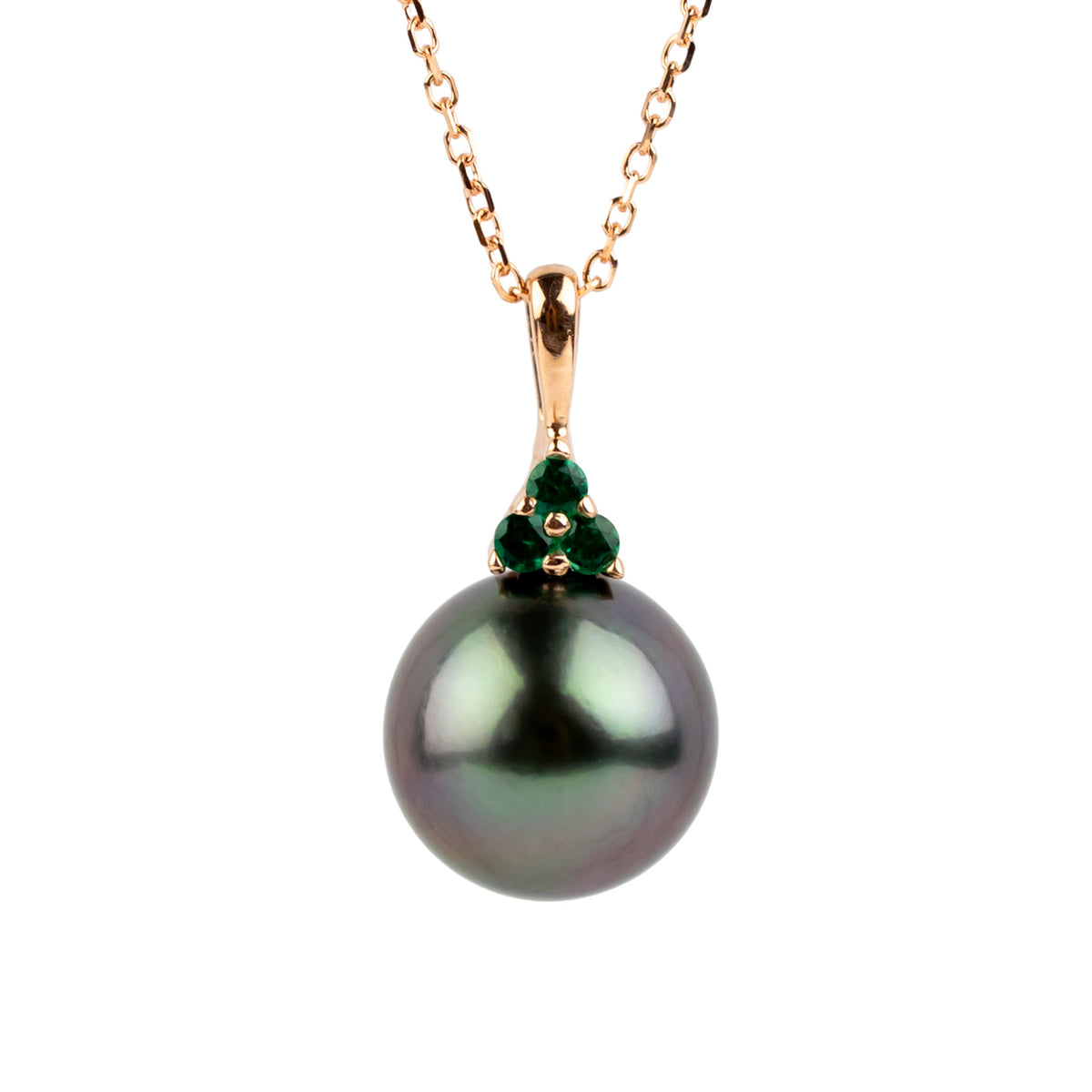 Deep Purple Green Tahitian Pearl & Emerald Toru Necklace on 14K Rose Gold