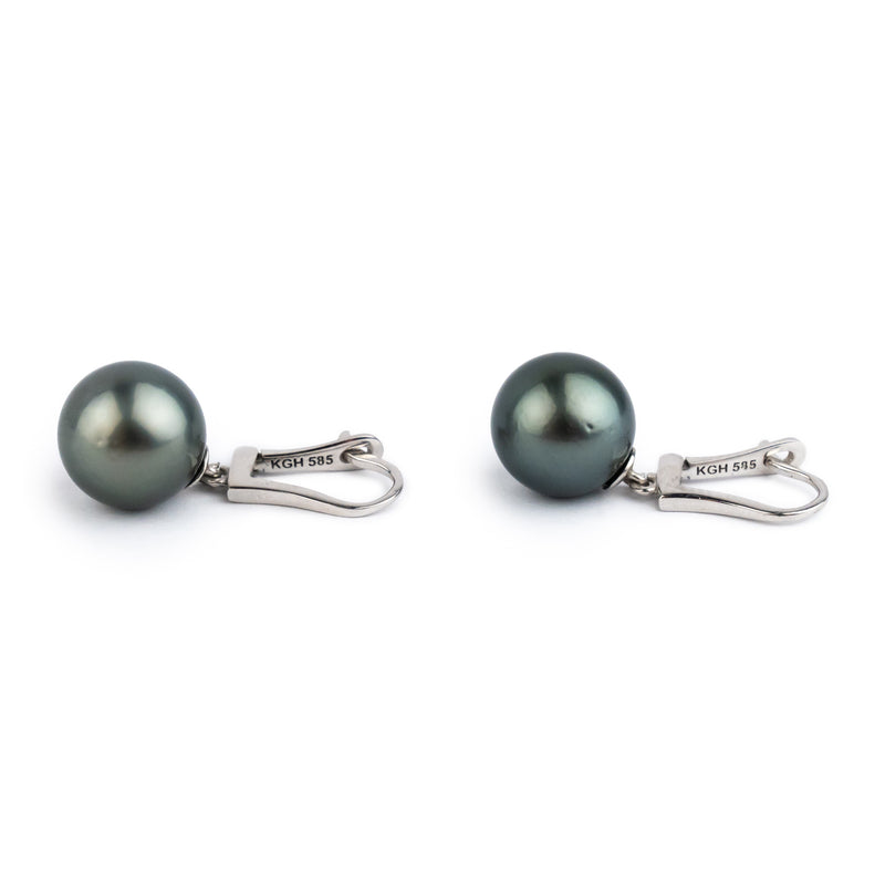 Dark Silvery Blue 10.5mm Tahitian Pearl Lever Back Earrings on 14K White Gold