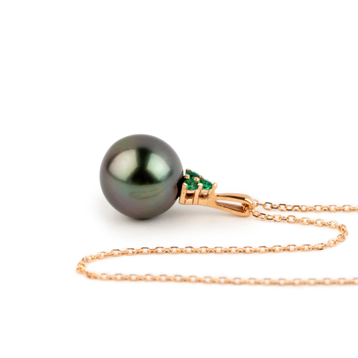 Deep Purple Green Tahitian Pearl & Emerald Toru Necklace on 14K Rose Gold