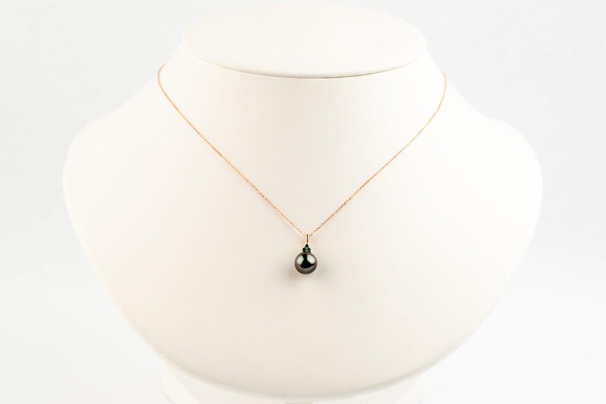 Deep Purple Green Tahitian Pearl & Emerald Toru Necklace on 14K Rose Gold