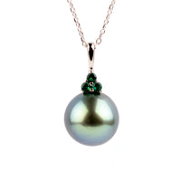 Glacier Blue Tahitian Pearl & Emerald Toru Necklace on 14K White Gold