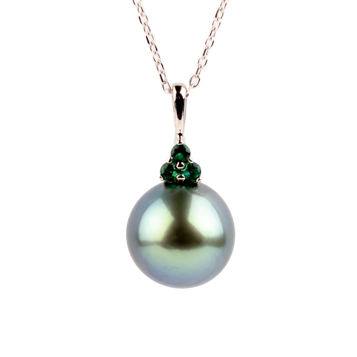 Glacier Blue Tahitian Pearl & Emerald Toru Necklace on 14K White Gold