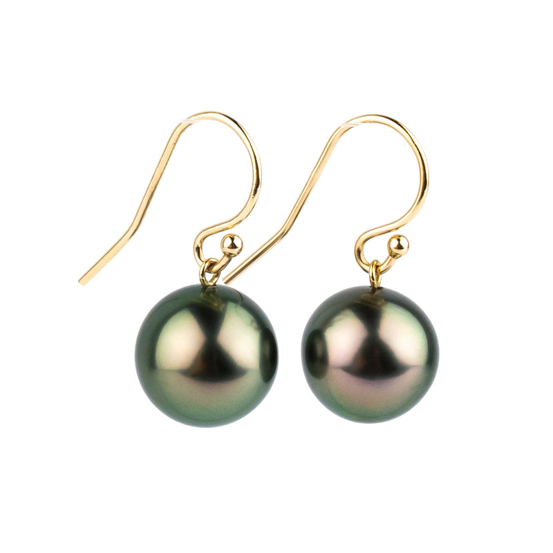 Pink Peacock Tahitian Pearl Dangle Earrings on 14K Yellow Gold