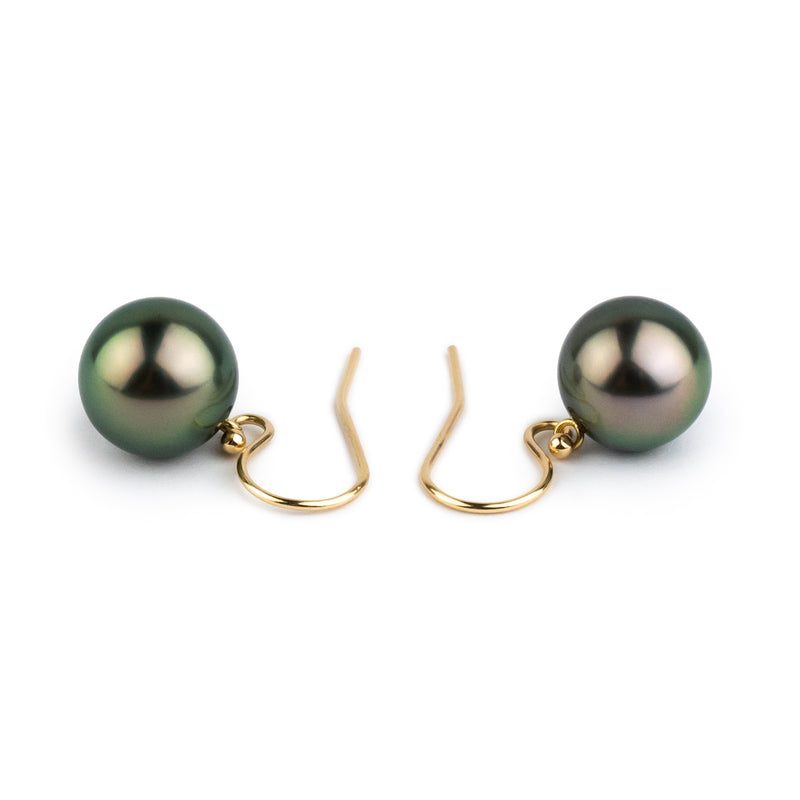 Pink Peacock Tahitian Pearl Dangle Earrings on 14K Yellow Gold
