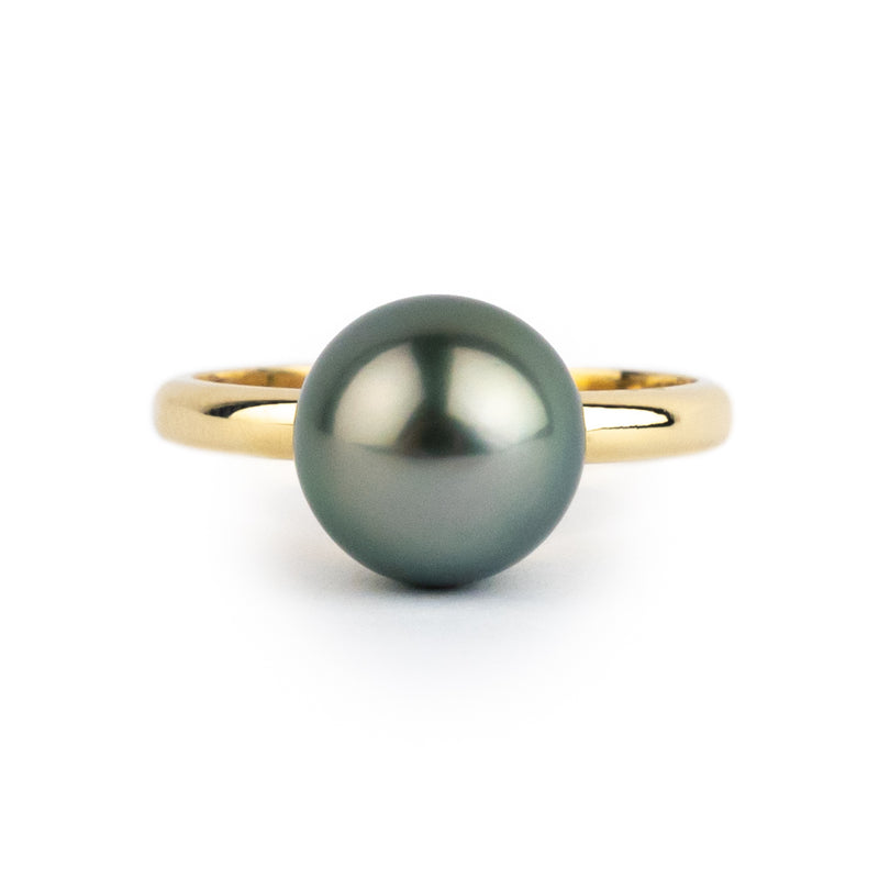 Dark Aqua Pink 9.6mm Tahitian Pearl Ring on 14k Yellow Gold