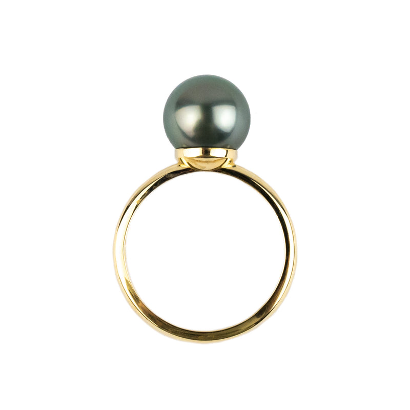 Dark Aqua Pink 9.6mm Tahitian Pearl Ring on 14k Yellow Gold