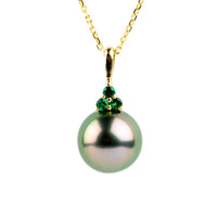 Radiant Pink Green Tahitian Pearl & Emerald Toru Necklace on 14K Yellow Gold