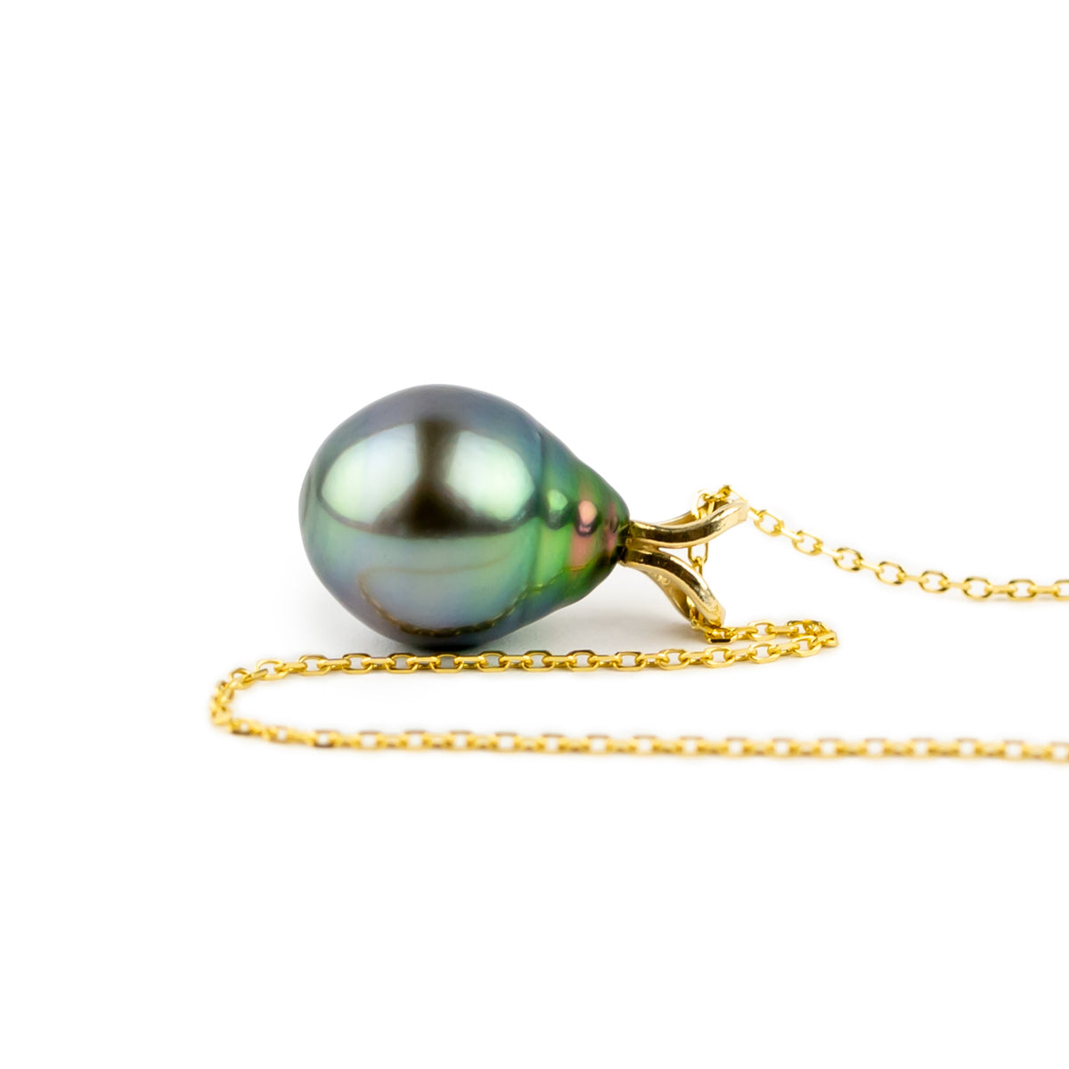 Technicolor Blue 9.6mm Tahitian Pearl I'a Necklace on 14K Yellow Gold