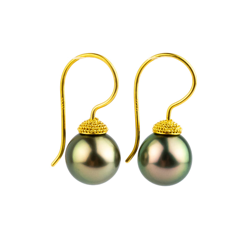 18K Bali Golden Pink Green Tahitian Pearl Hook Earrings