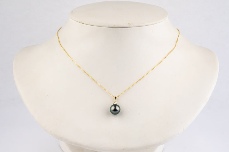 Blue Pink Tahitian Pearl & Diamond Toru Necklace on 14K Yellow Gold